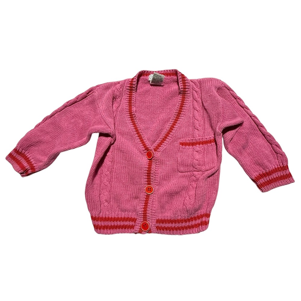 Vintage Izod Lacoste Pink Cardigan Sweater Kids 2T Striped Cable Knit Alligator - Picture 1 of 4